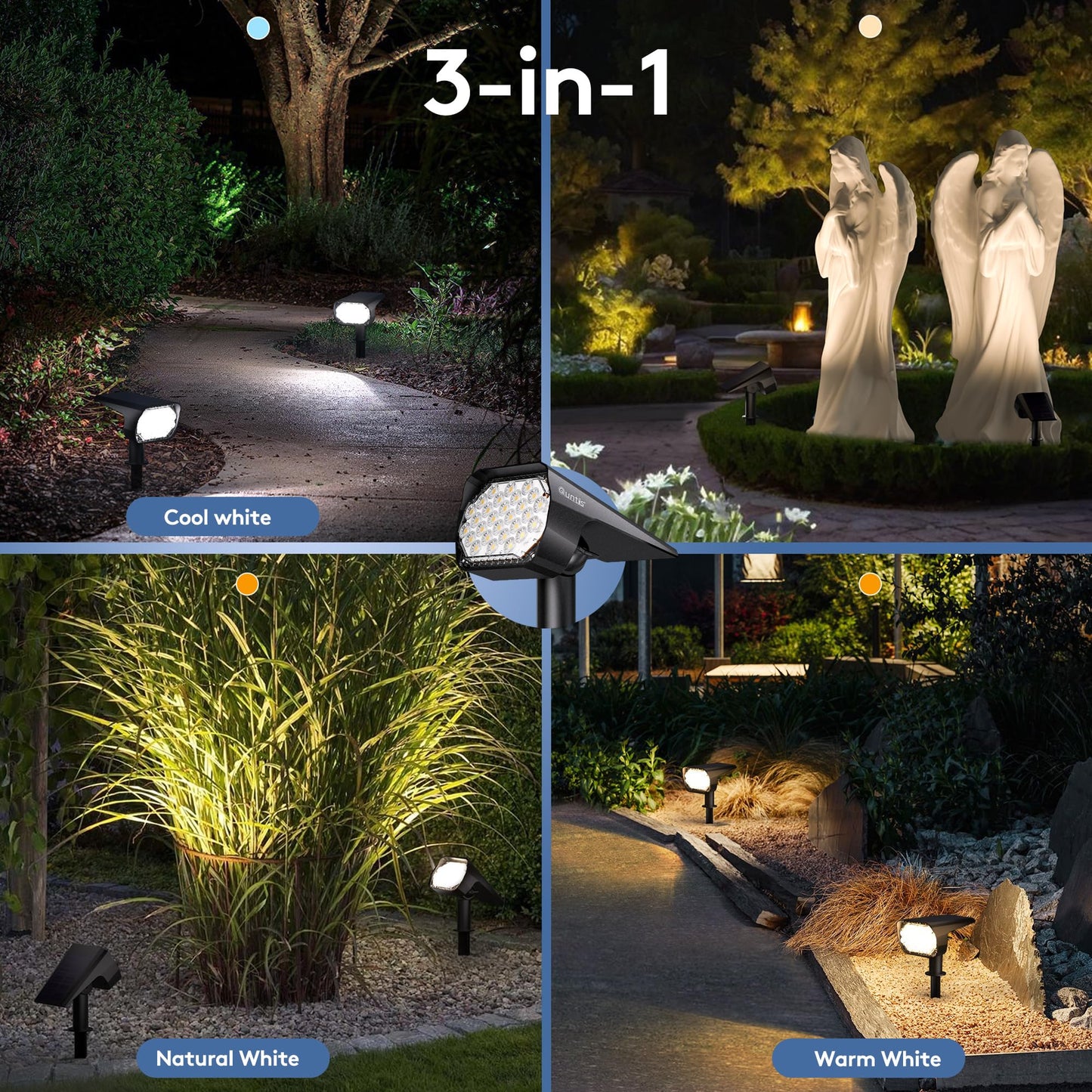 Quntis 4-Pack Solar Spot Lights, 3 Colors (Warm White/Cool/Natural), USB & Soloar Powered Landscape Spotlights, IP65 Waterproof Solar Garden Lights, Wall/Ground Solar Light Outdoor for Yard Patio Path