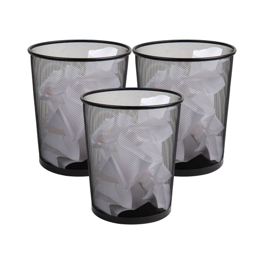 Mind Reader Mesh Trash Can, Set of 3, Waste Paper Basket, Round, Office, Metal Mesh, 11.5" L x 11.5" W x 13.75" H, Black
