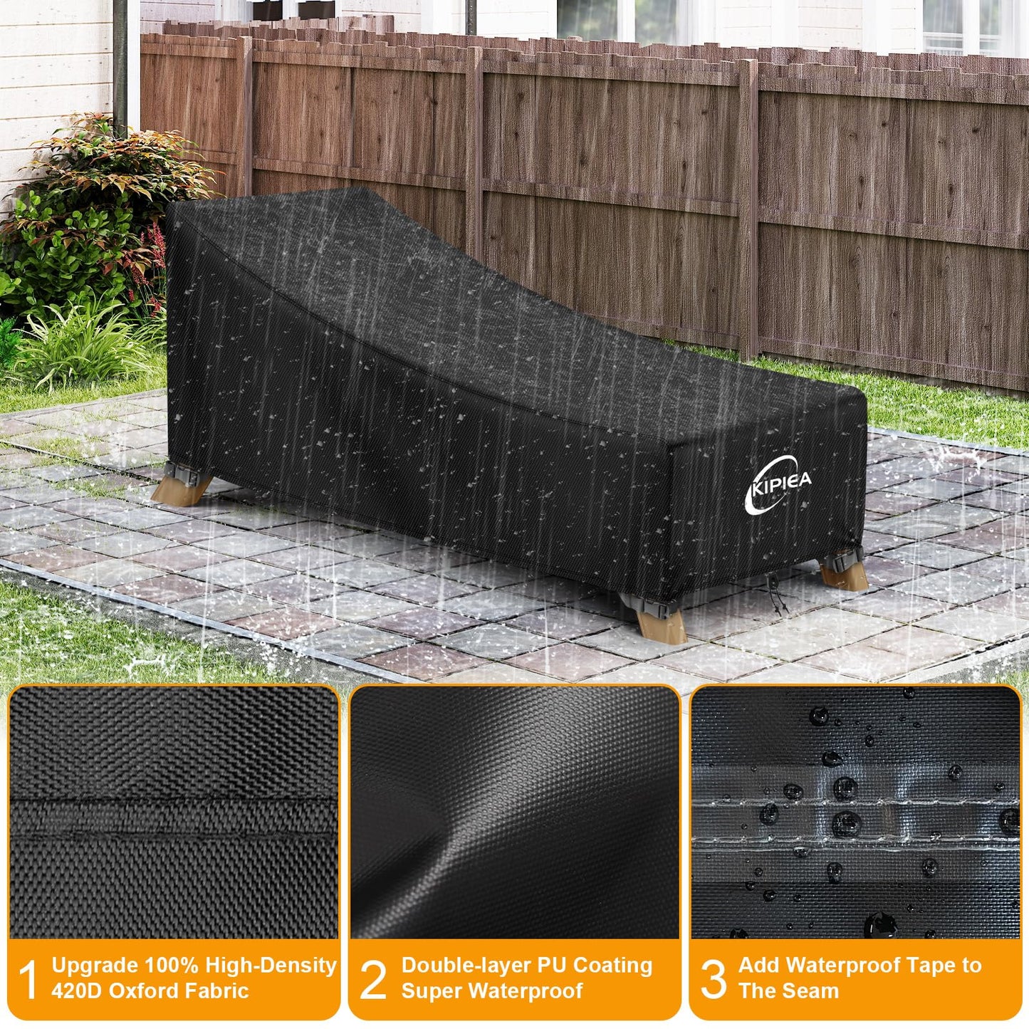 Kipiea Waterproof Patio Lounge Chair Covers for outdoor furniture, 420D Outdoor Chaise Lounge Cover with Anti UV and No Tears, No Fading (84"D x 32"W x 32"H)
