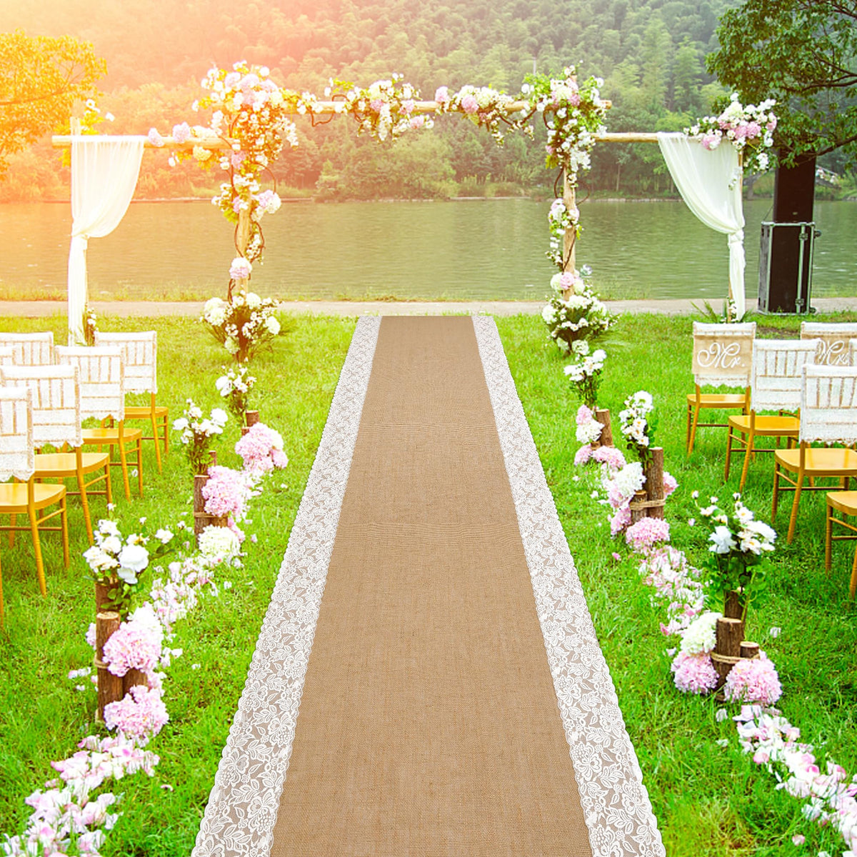 20 Ft x 36 in Natural Burlap Wedding Aisle Runner, Rustic Jute Weddings Runway Carpet with Lace, Ceremony Burlap Carpet Roll for Beach Garden Church Reception Craft Decor