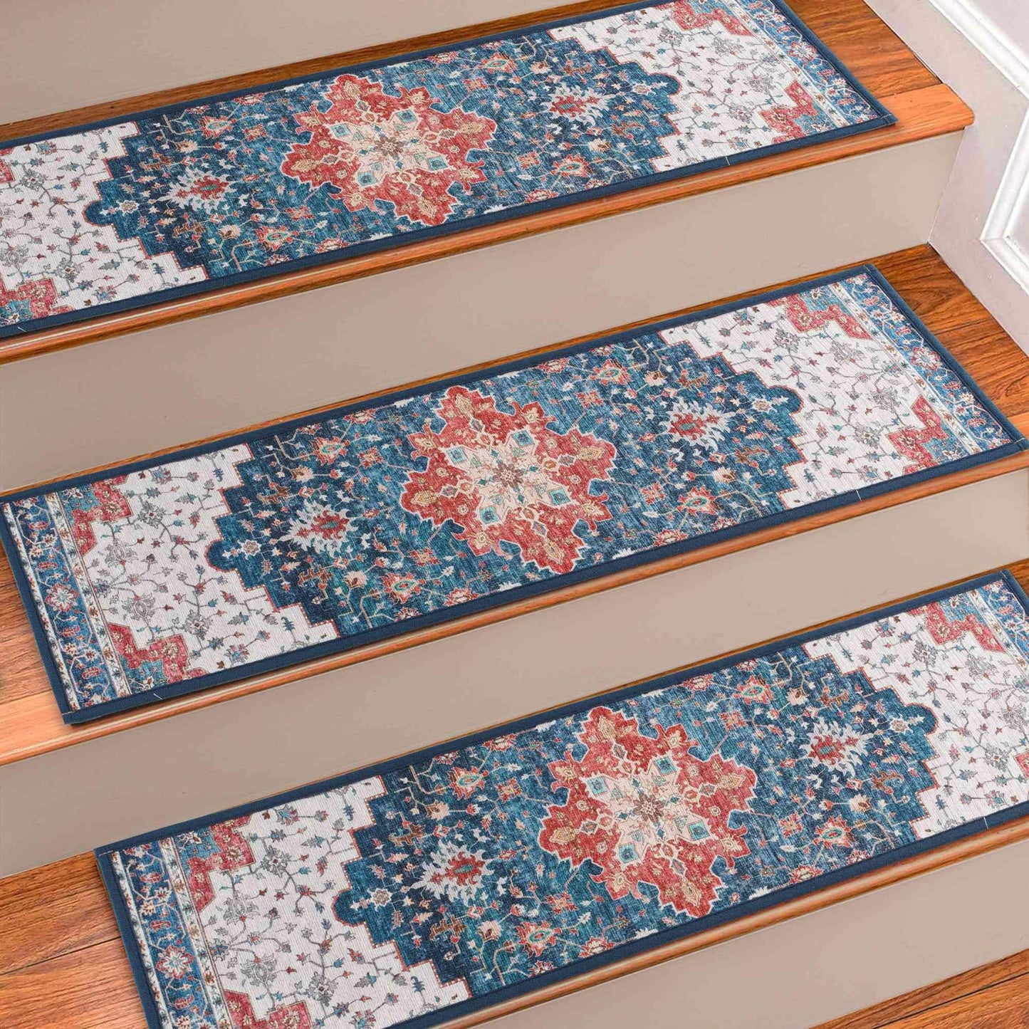 Stair Treads Non Slip Indoor,Peel and Stick Stair Treads,Non Skid Carpet for Wooden Steps,Machine Washable Stair Runner for Kids Elders & Pets with Reusable Adhesive,8" X 30" (15 in Pack),Blue
