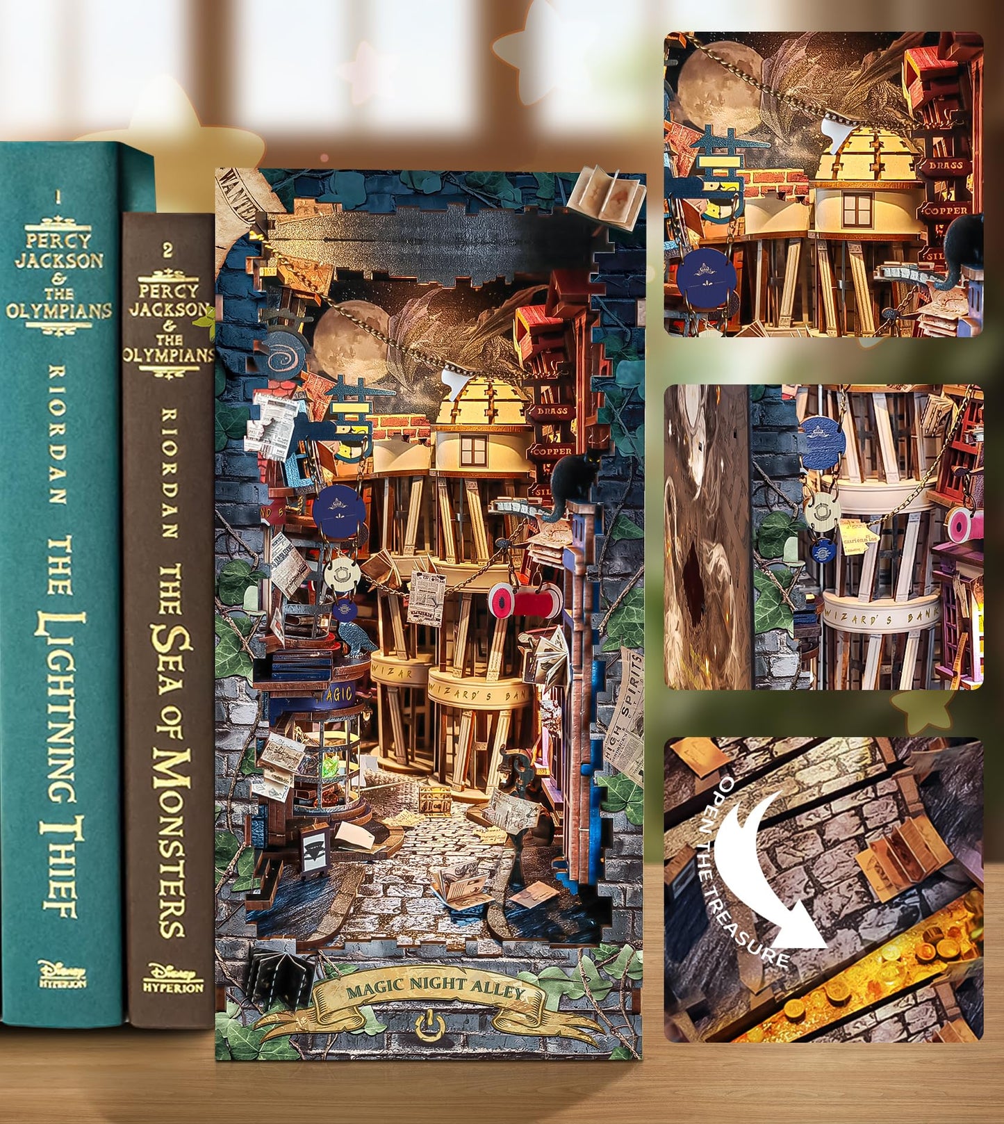 Spilay DIY Book Nook Kit,DIY Dollhouse Booknook Bookshelf Insert Decor Alley,Bookends Model Build kit with LED Light,Handmade Crafts Gifts for Birthday (Magical Night Alley with Dust Cover LED)