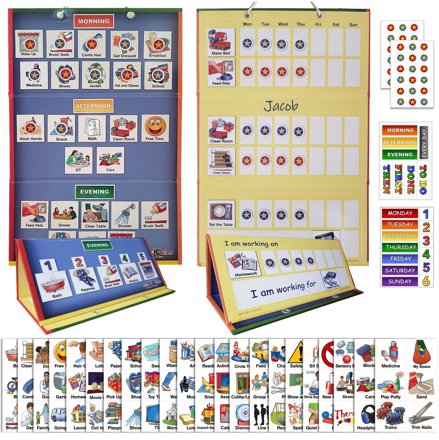 SchKIDules Visual Schedule for Kids Deluxe Bundle Daily Activity Chart / Weekly Progress Chart, 2-Sided Trifold Magnet Board & 189 Magnetic Picture Cards (for Preschool, Children, Toddlers, Autism)
