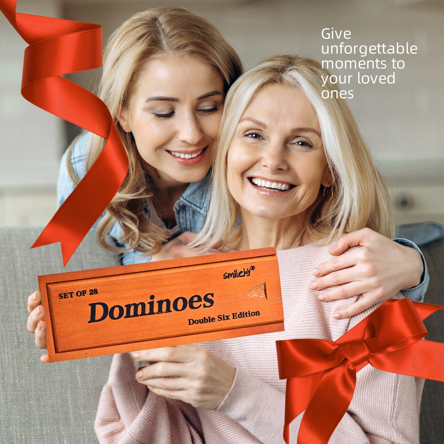Smilejoy Domino Set for Adults, Double Six Jumbo Dominos Set,Thick Size Domino Game, Double 6 Dominoes for Family Games for Adults and Elderly, Jumbo 28 Tiles with Prime Brown Wood Box (2-4 Players)