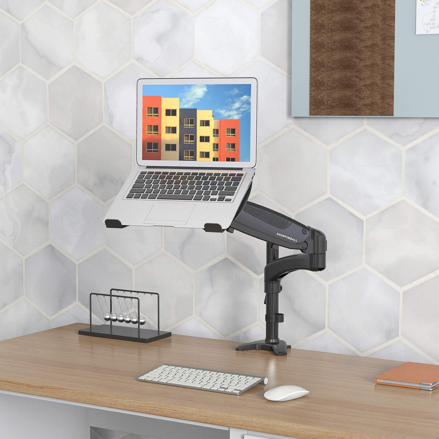 SHOPPINGALL Fully Adjustable Single Gas Spring Laptop Mount Stand for Laptops Up to 17", Both Desk clamp and Grommet mounting - SA-GM112D+D15-Black
