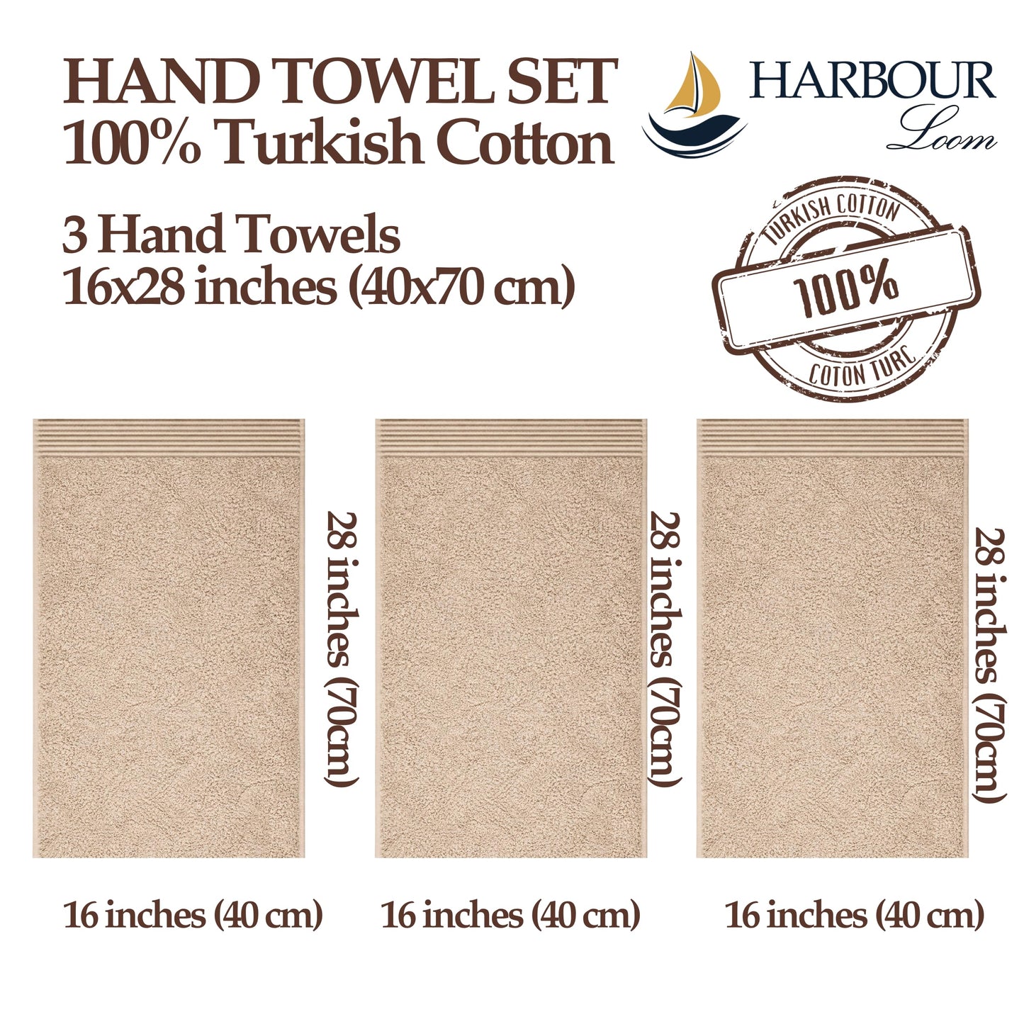 Harbourloom Boulevard Series Luxury Hand Towel Set - 3 Pack of Soft 600 GSM Turkish Cotton Towels for Bathroom, Absorbent Guest Towels, 16x28 Inches Hotel & Spa Quality (Taupe Quartz)