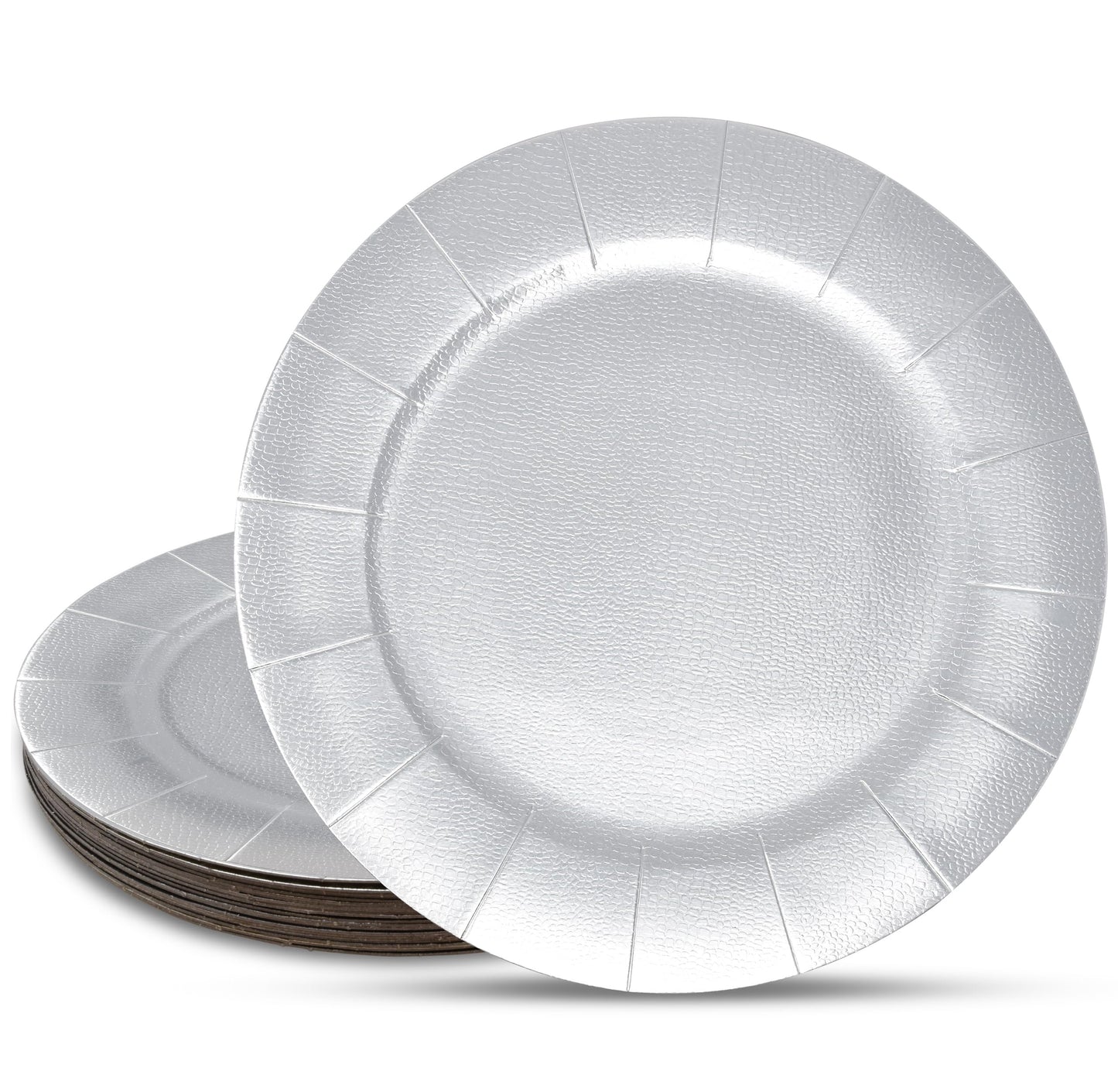 24 Disposable Silver Round Charger Plates 13" Metallic Silver Foil Dinner Serving Tray Heavy Duty Paper Cardboard Platters for Table Setting Place Mats Dessert Birthday Parties Weddings Bridal Shower
