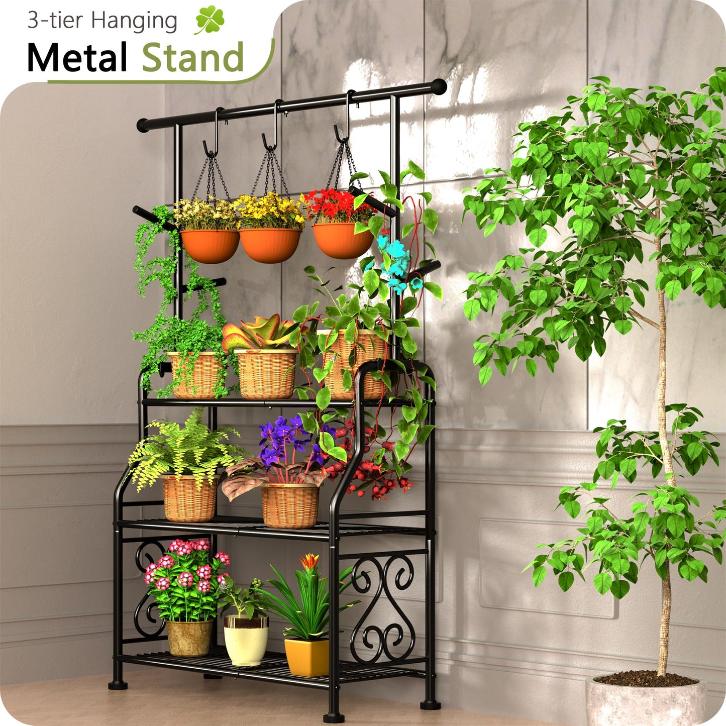 Outdoor Plant Stand 3-Tier Heavy Duty Metal Shelf for Patio & Indoor Use - Holds 14+ Plants with 5 Hooks, Rust-Proof Plant Holder for Garden, Balcony, Living Room, Black