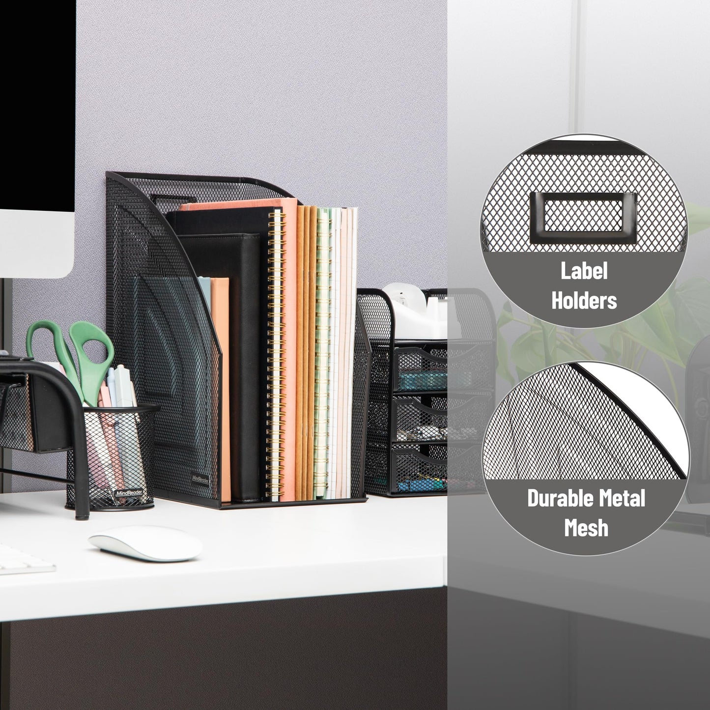 Mind Reader Vertical File Storage, Desktop Organizer, Workspace, Office, Metal Mesh, 15.9Lx25.4Wx31.8Hcm, Set of 2, Black