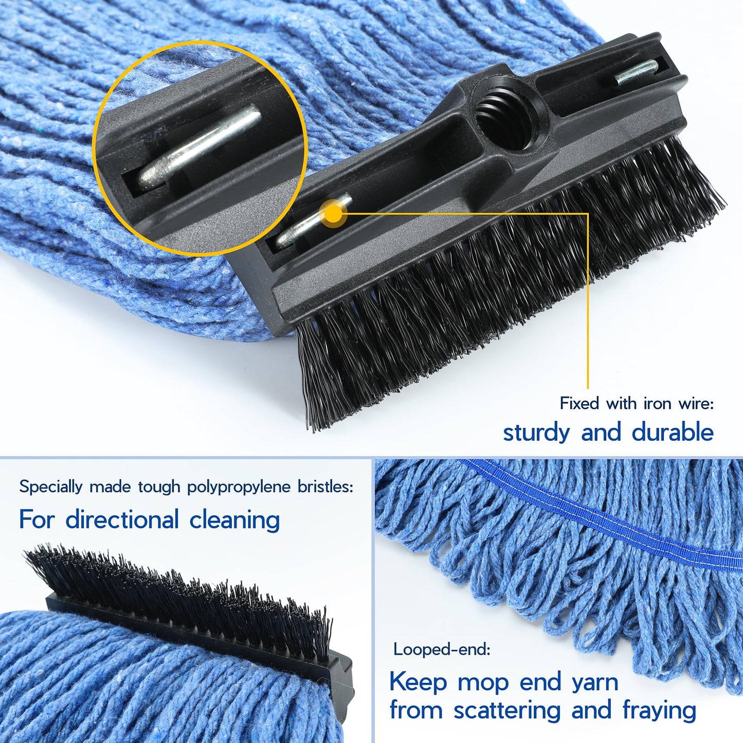 ONESIMUS Large Heavy-Duty Commercial Mop Head Replacement – Screw-On Wet Industrial Cotton Looped String Refill with Built-in Tough Polypropylene Bristle Brush for Floor Cleaning (Blue 2 Pack)