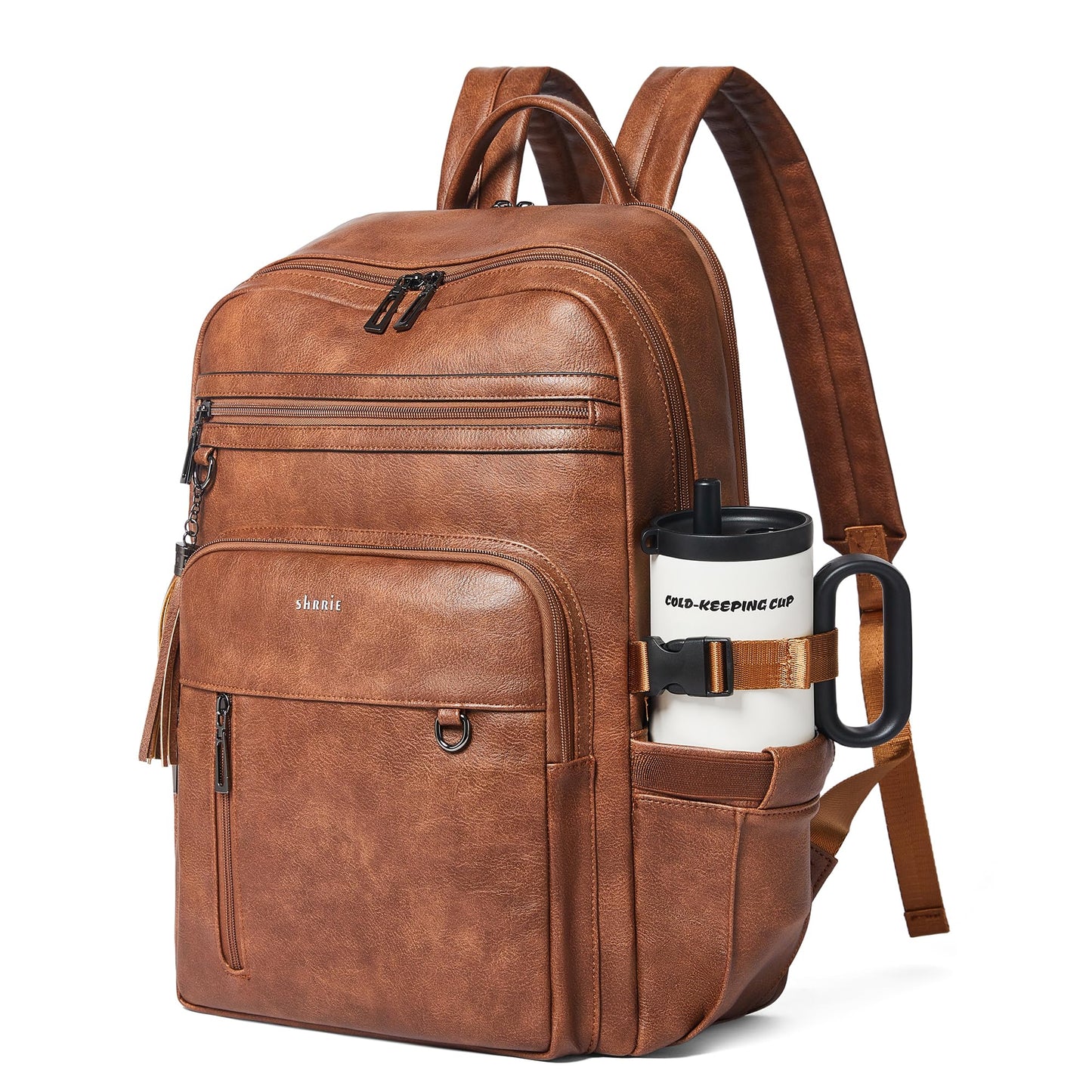 SHRRIE Vegan Leather Laptop Backpack for Women,17 Inch Computer Backpack Purse for Work Business College Travel Teacher Nurse with Anti-theft Pocket & Giant Tumbler Holder Pocket