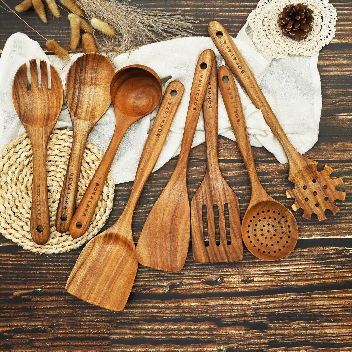 Wooden Spoons for Cooking,Natural Teak Wooden Kitchen Utensils Set (8 PCS)