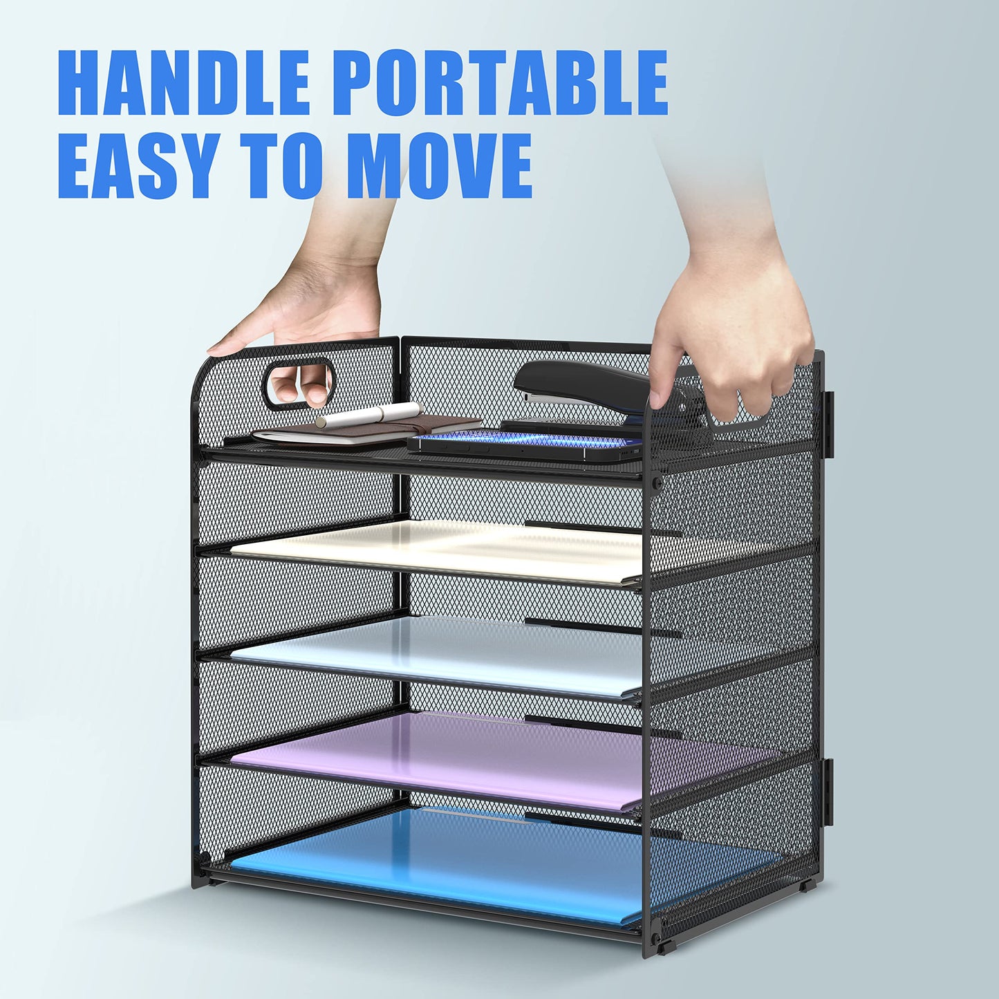 Supeasy 5 Trays Paper Organizer Letter Tray with Handle-Mesh Desk File Organizer, Paper Sorter for Office, Home or School, Black