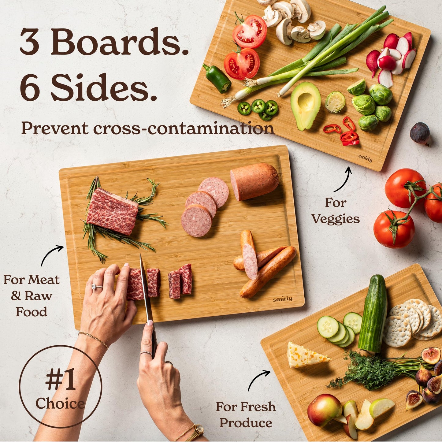 SMIRLY Bamboo Cutting Boards for Kitchen - Wood Cutting Board for Meal Prep, Serving, Charcuterie - Kitchen Gadgets, House Warming Gifts - Wooden Chopping Board Set of 3 - Natural Bamboo