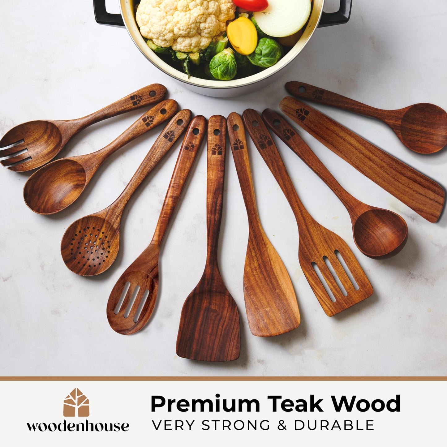 Wooden Spoons for Cooking – Wooden Cooking Utensils Set with Holder, Spoon Rest & Hooks, Teak Wood Nonstick Kitchen Cookware – Kitchen Utensil Set of 12pcs by Woodenhouse