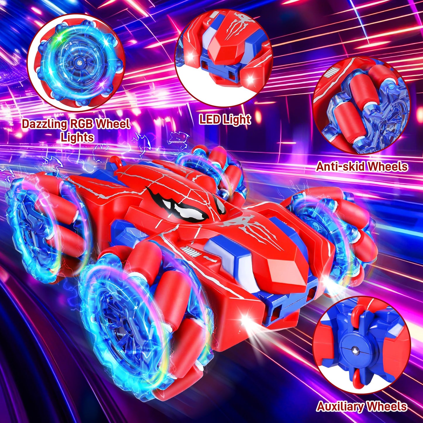 Kssvzz Spider Remote Control Cars for Kids, RC Stunt Car with Light Strip, 2.4 Ghz RC Cars, Boys Toys Age 4 5 6 7 8 9 10 Year Old, Car Toy for Boys Age 4-6 5-7 8-12, Rechargeable Spider Toys