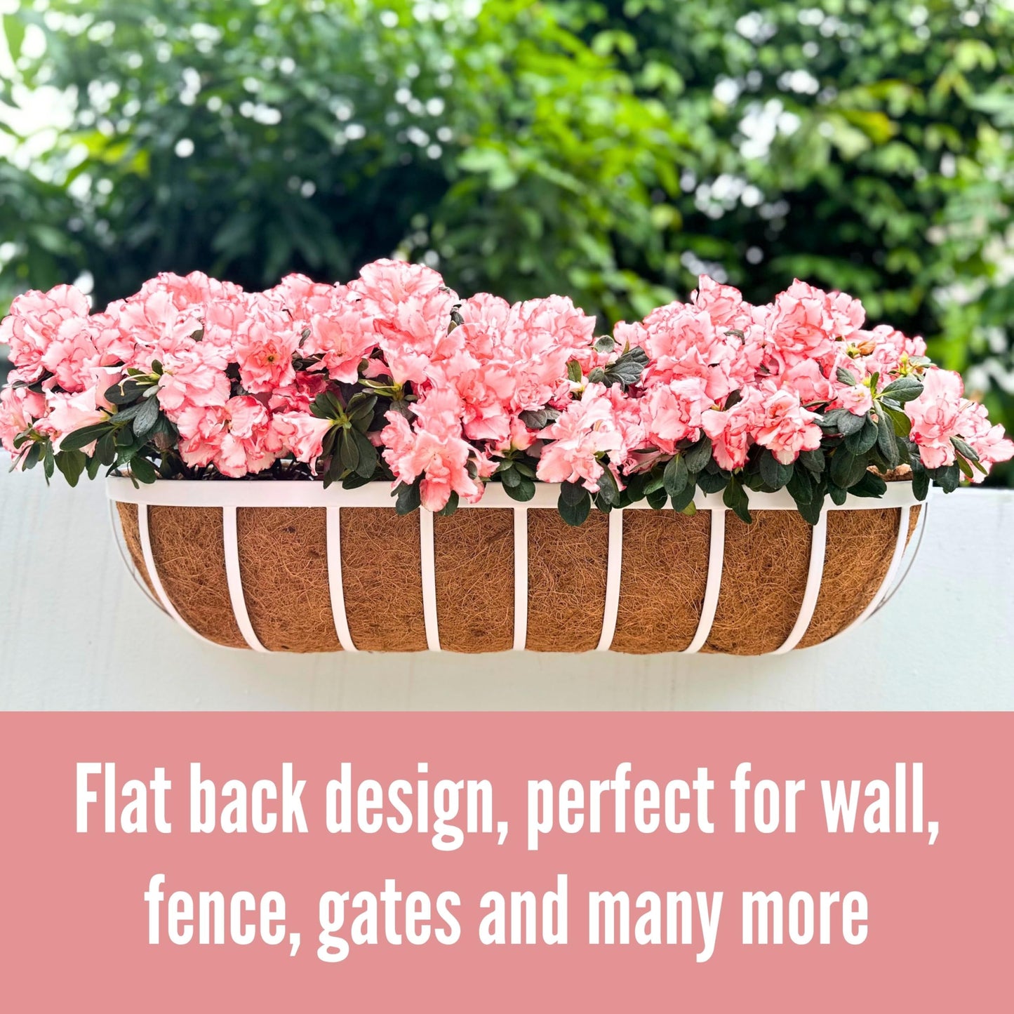 LaLaGreen Window Planter Box (24 Inch, 2 Pack) White Metal Deck Railing Flower Boxes with Coco Liners, Rectangular Wall Planters for Outdoor Plants Horse Troughs Fence Balcony Garden Herb Patio Porch