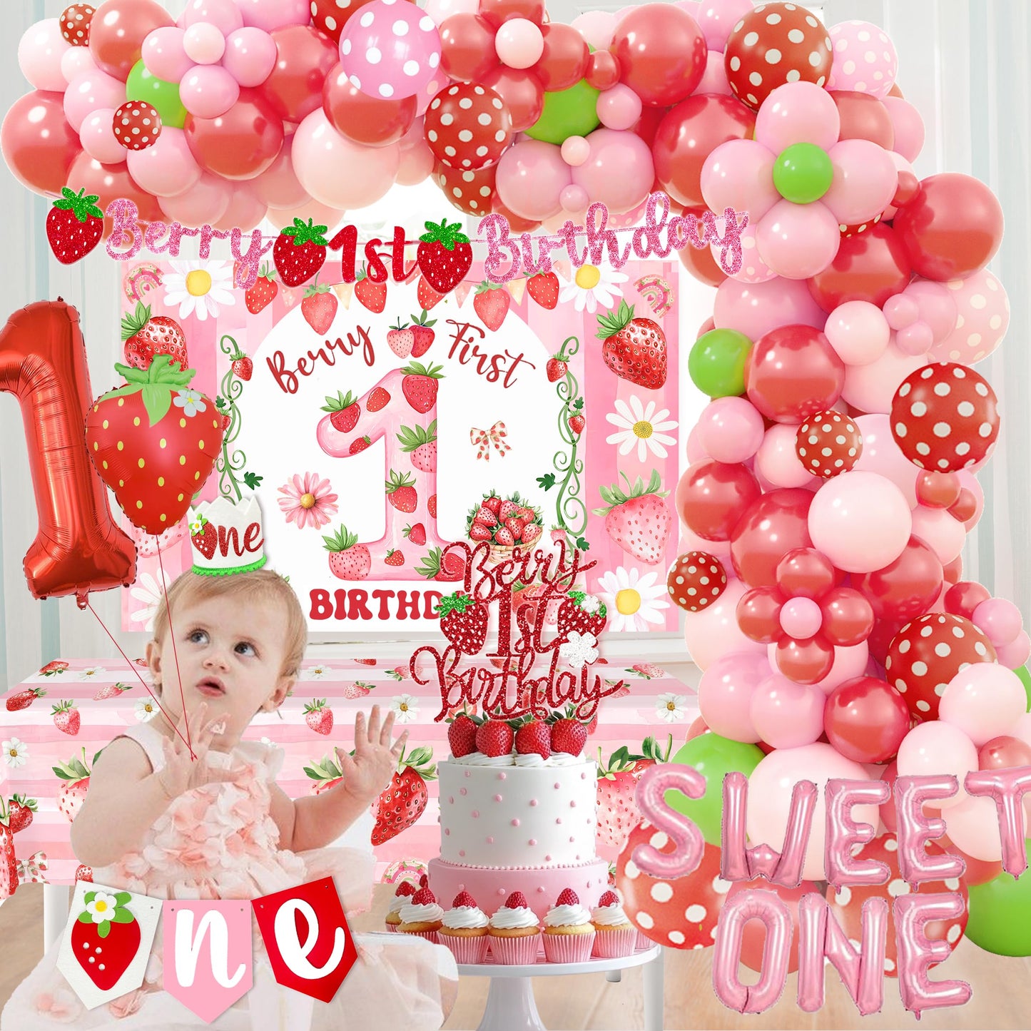 Berry First Birthday Decorations Strawberry 1st Decorations for Girls Sweet One Strawberry Decor Party Supplies include Photo Banner Highchair Banner Backdrop Tableware Set
