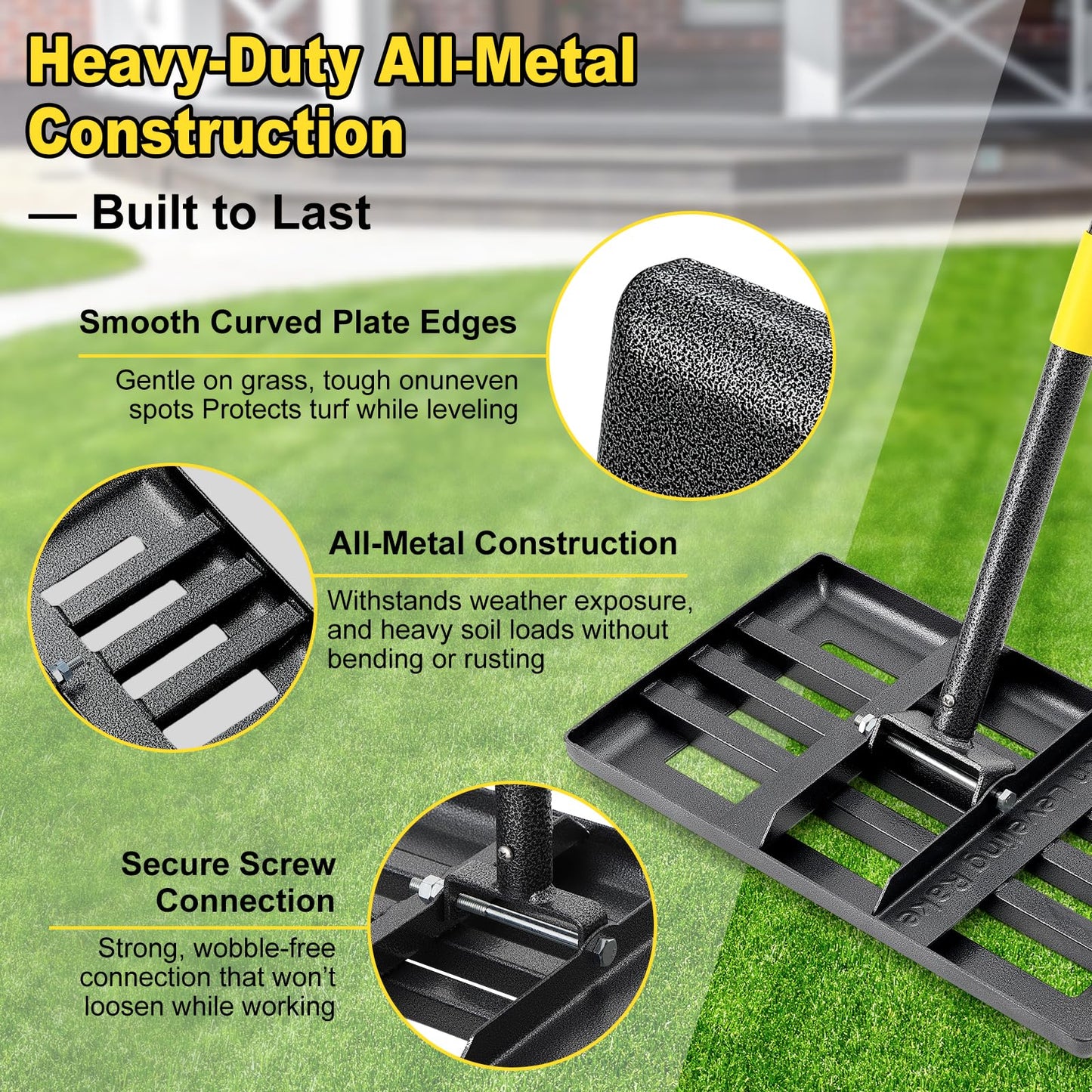 Lawn Leveling Rake: Anti Flipping 17" x 10" Stainless Steel Lawn Ground Leveler for Soil, Heavy Duty Grass Top Soil Dressing Leveling Rake, Home Lawn,Golf Field,Yard Landscaping Tool, 5ft Long Handle