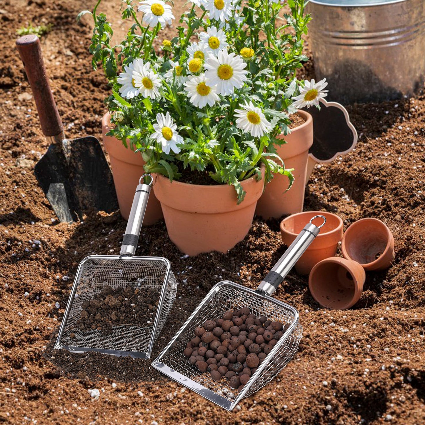 Adnee 4 Pcs Gardening Soil Sifter-Garden Sieve Sifter with Handle (2/2.8/3.8/5 mm Mesh)-Portable Gardening Sifter for Gradening Sand Soil Dirt Compost