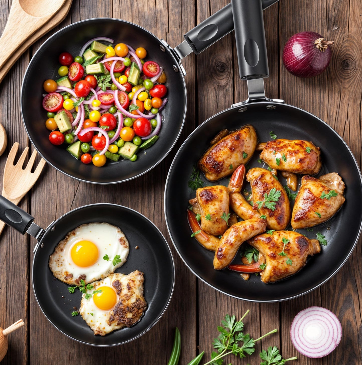 KICHLY Nonstick Frying Pan Set, 3 Piece Induction Bottom Chef's Pan, 8 Inches, 9.5 Inches and 11 Inches Cookware Set, Black