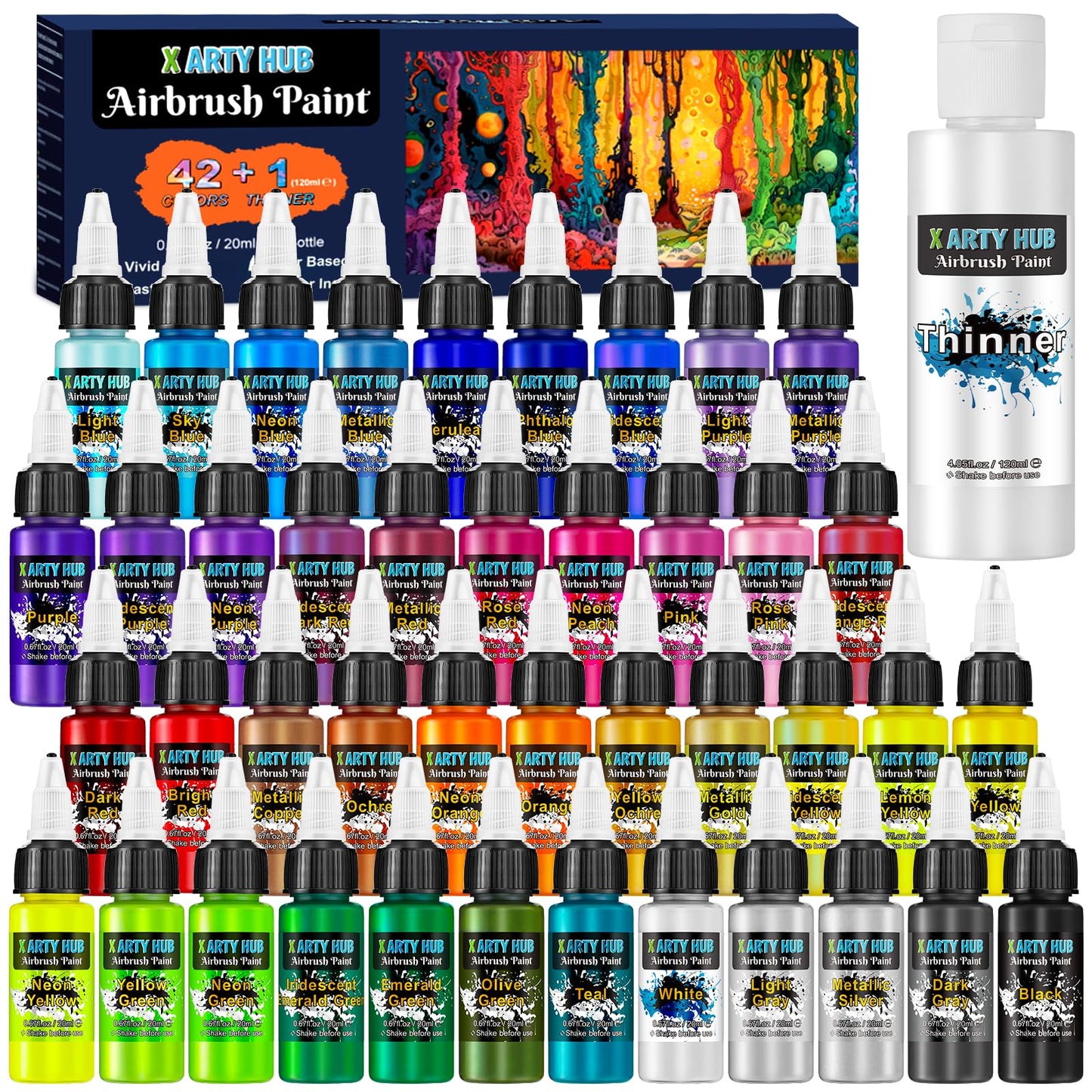 X ARTY HUB Airbrush Paint - 42 Colours Air Brush Painting Set with 120 ml Thinner, Iridescent, Neon & Metallic Acrylic Paints, Ready-to-Spray, Water-Based for Paper, Canvas, Wood, Fabric, Models