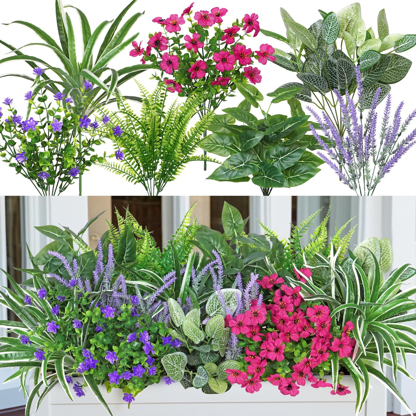 DEMIUKO 20 Bundles Artificial Plants Outdoor Fake Flowers UV Resistant Faux Greenery Stems Fake Ferns Shrubs Plastic Plants for Garden Patio Porch Yard Window Box Home Summer Decor