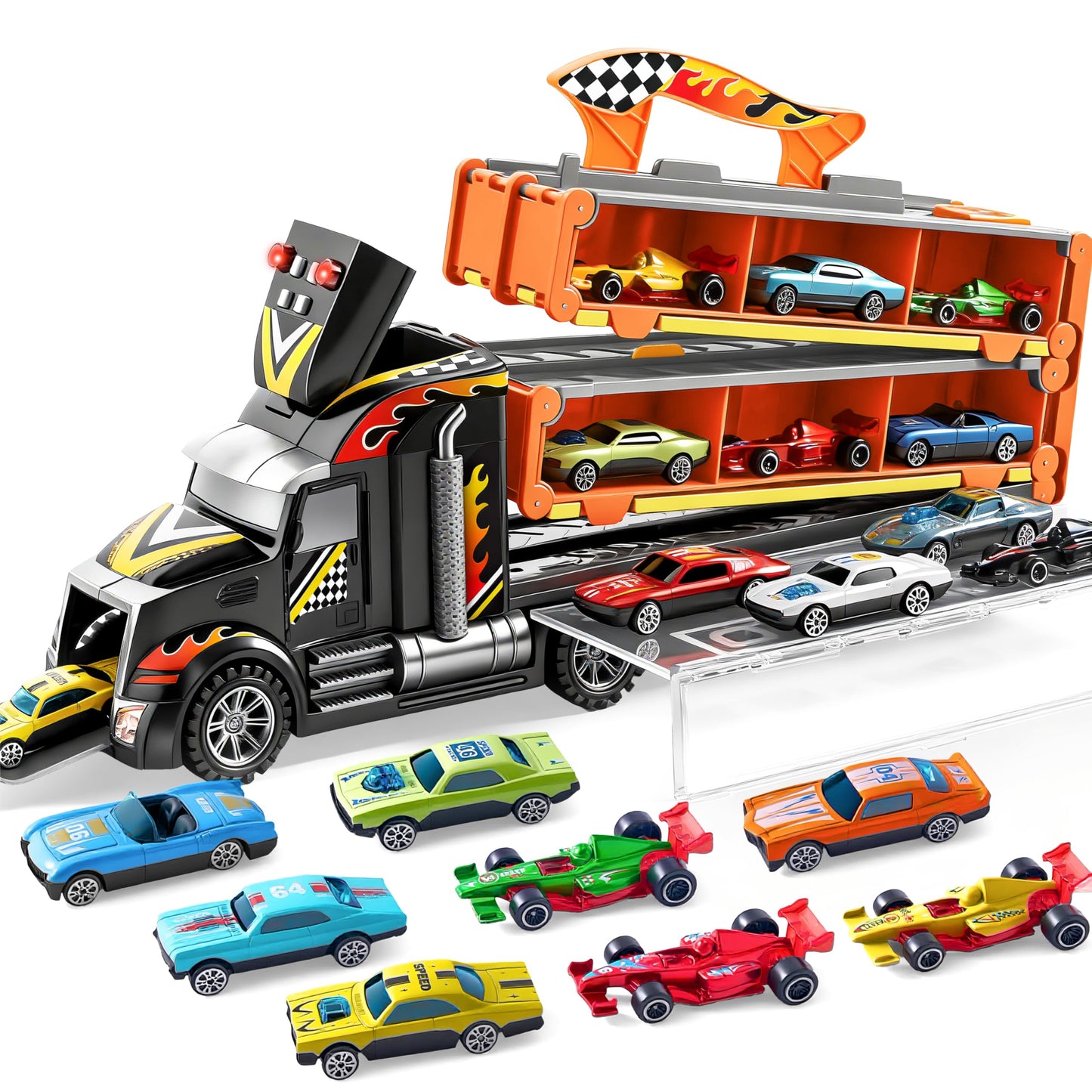JOYIN Toy Truck for Kids, Race Toy Cars, 60" Extra Long Race Track and 12 Die-Cast Metal Cars, Toddler Carrier Truck Playset with Lights & Sounds, Birthday Gift for 2 3 4 5 6 7 Years Old Boys Girls