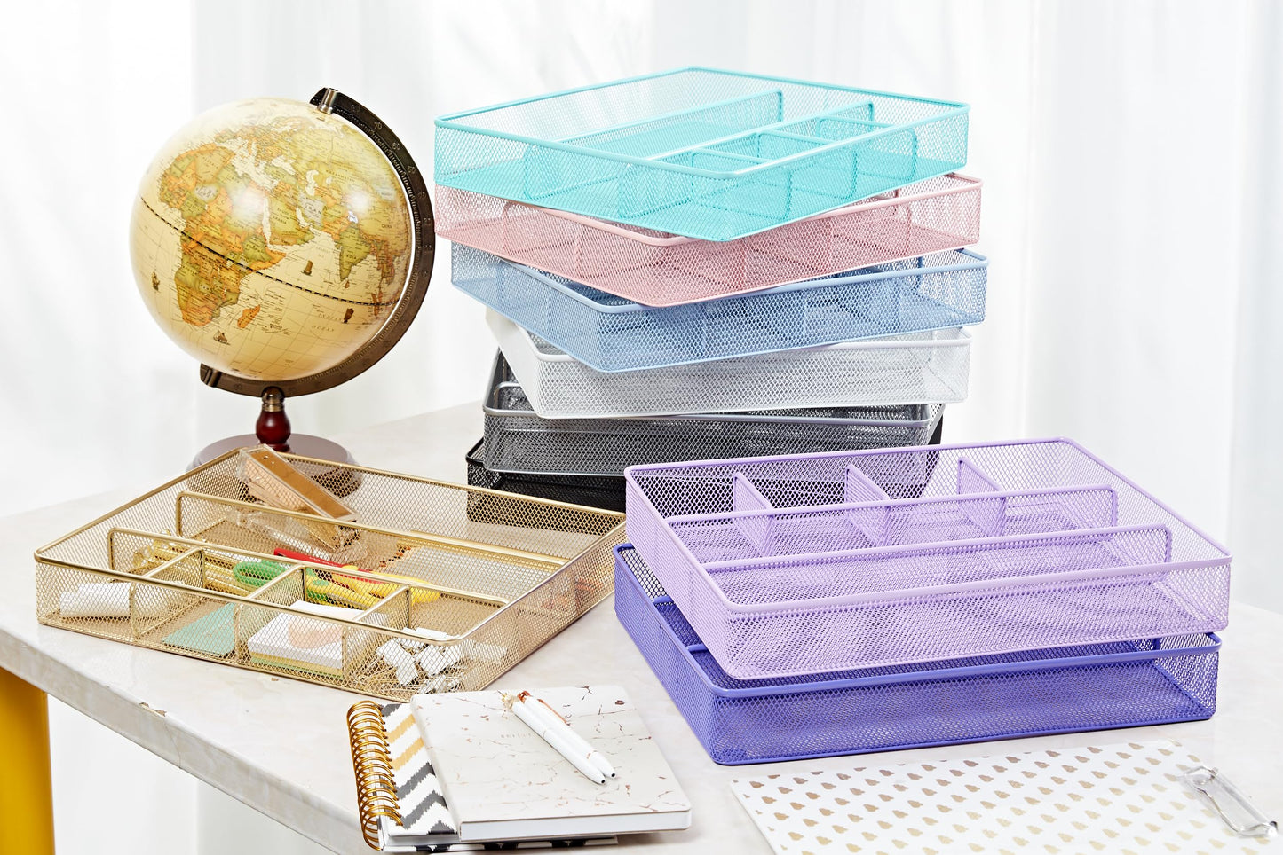 Annova Desk Drawer Organizer/Storage Tray - Metal Mesh with Dividers for Pens, Desktop Accessories, Bathroom, Kitchen, Makeup and Office Supplies (Gold)