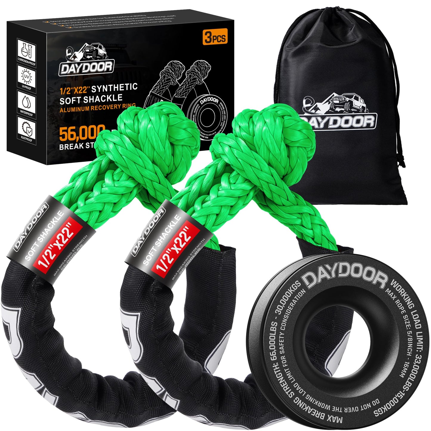 DAYDOOR 56,000 LBS Soft Shackle Recovery Kit, 1/2" x 22" (2-Pack) with 7075 Aluminum Snatch Ring, Winch Accessory for Jeep Wrangler, Bronco, 4Runner, Tacoma, ATV/UTV/Jeeps/SUVs, 4x4 Off-Road(Gray)