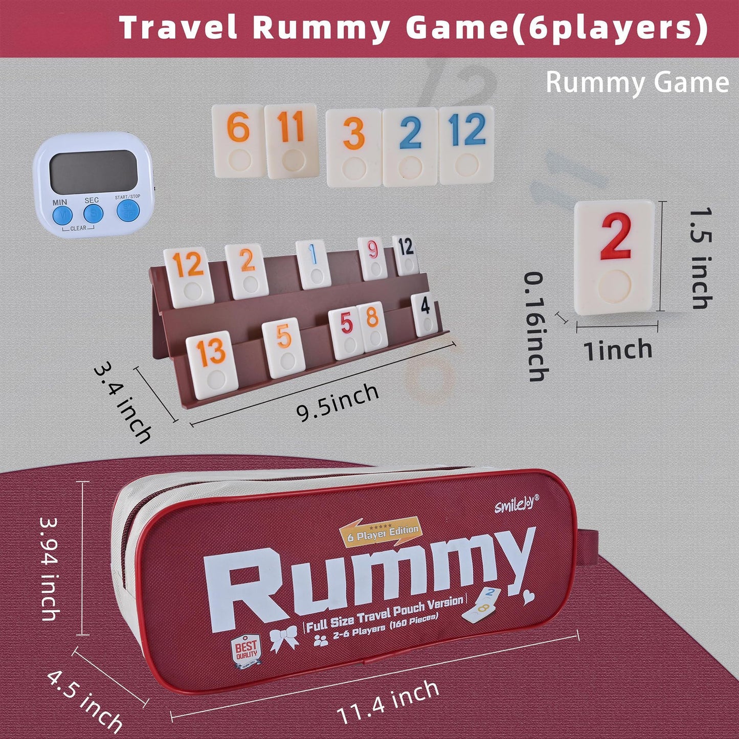 Smilejoy Rummy Cube 6 Players Edition, Full Size Travel Rummy Game Set with Travel Portable Canvas Bag,Classic Board Game for Adults and Kids |160 Tiles | 6 Playing Racks |1 Timing | (2-6 Player)