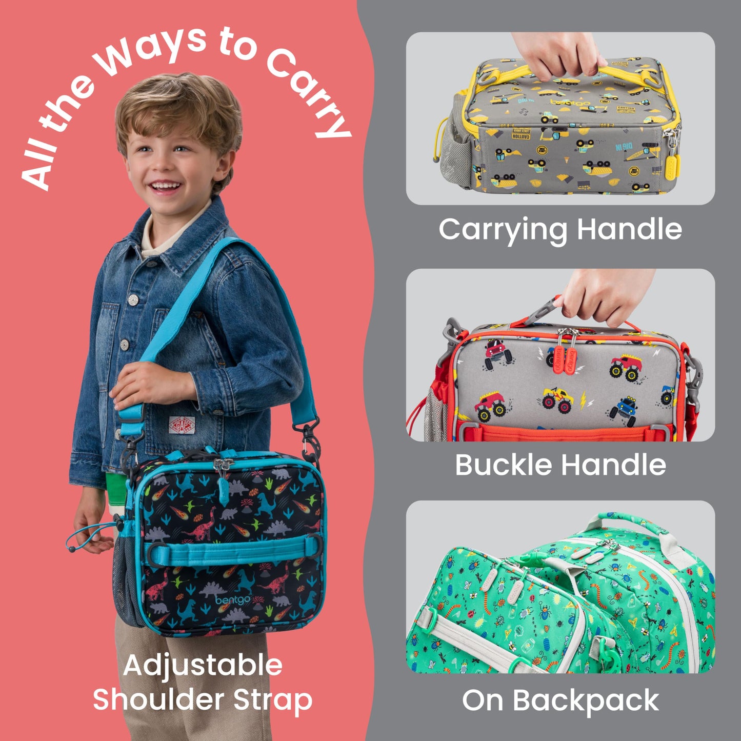 Bentgo Kids Lunch Bag - Double-Insulated, Reusable Lunch Bag for Kids 3+ with Adjustable Strap; Holds Lunch Box/Water Bottle/Snacks; Easy-Clean, Water-Resistant & Pockets (Trucks)