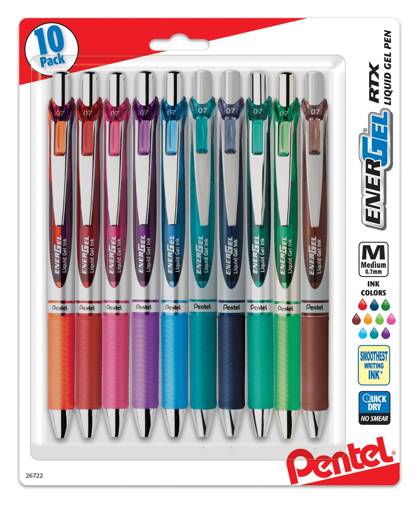 Pentel EnerGel RTX Retractable Liquid Gel Pen, (0.7mm) Medium Line, Metal Tip, Assorted Ink, 10-Pk (BL77BP10M)