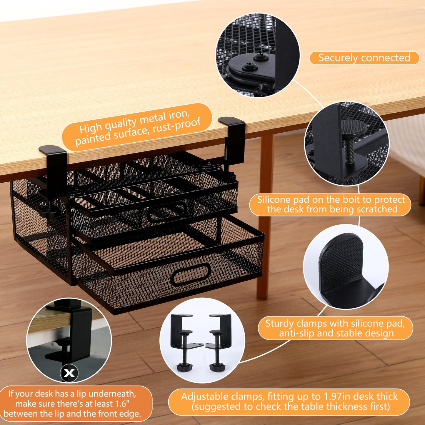 ROLIZOE Under Desk Drawer Organizer Clamp On with 2 Drawers Slide Out No Drilling Mesh Metal Drawer On Desktop Or Under Desk Storage Easy Install Anti-Slip Under Shelf Storage for Home & Office