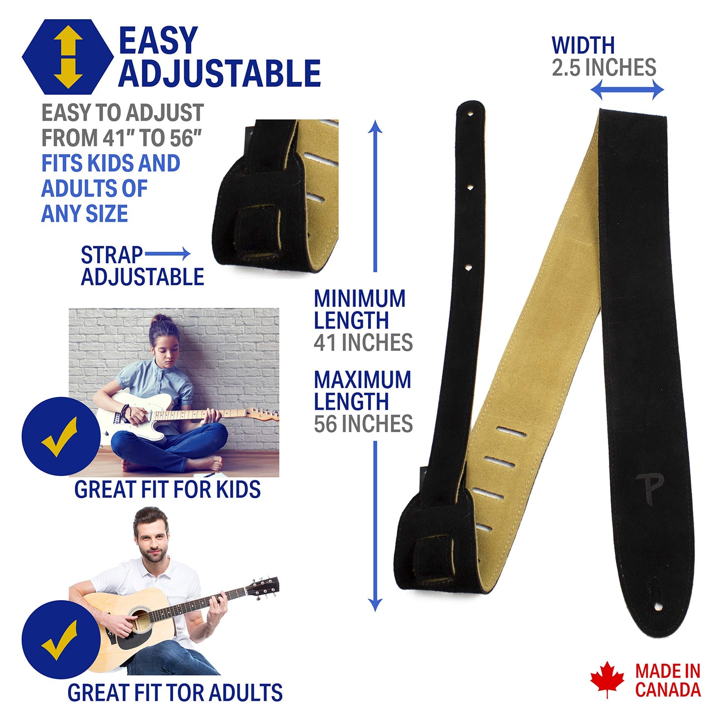 Perri’s Leathers Ltd. - Guitar Strap - Suede - Black - Adjustable - For Acoustic/Bass/Electric Guitar - Made in Canada (BBS-202)