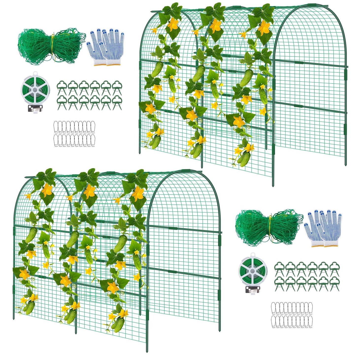 codree 2 Packs Garden Cucumber Trellis for Plant- 47 x 47 Inch Metal Arch Melon Trellis for Raised Bed- Foldable Tunnel Trellis with Climbing Net Clips for Growing Vine Vegetable