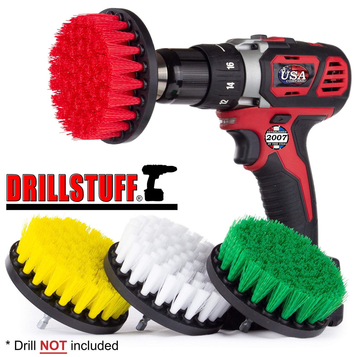 4in 4 Piece Soft, Medium and Stiff Power Scrubbing Brush Drill Attachment for Cleaning Showers, Tubs, Bathrooms, Tile, Grout, Carpet, Tires, Boats by DrillStuff