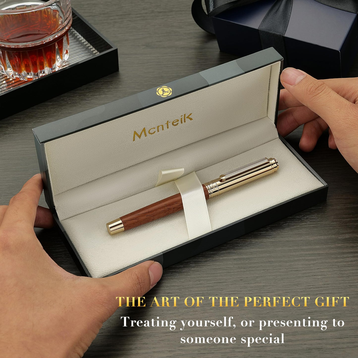 MCNTEIK 316 Luxury Journaling Pen, Nice Natural Wood for Writing, 24K Gold Accents, Schmidt refill, Fancy Rollerball, Gift Set for Men&Women, Executive&Professional Christmas Office, Pens-Rosewood