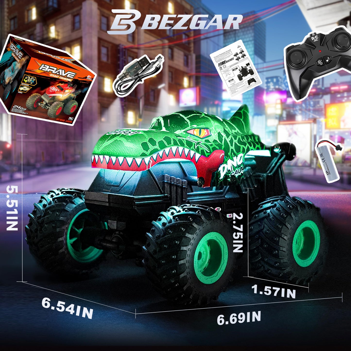 BEZGAR Monster Truck Toys - Remote Control Monster Truck with Light & Music, Dinosaur Toys for Kids, 1:20 Scale RC Truck with 360° Spins and Drifting, Remote Control Car for Boys 4-7