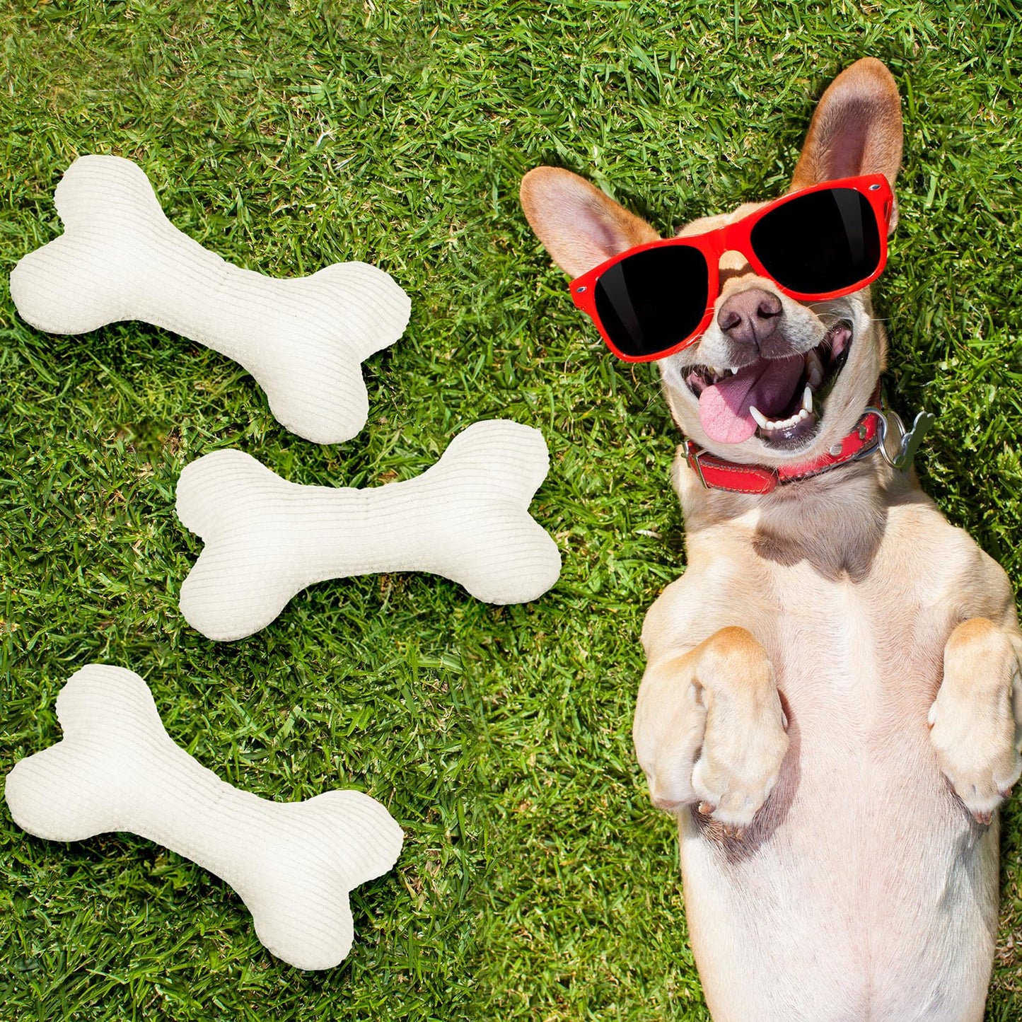 Poen 6 Pcs Bone Shaped Plush Squeaker Dog Birthday Toy Soft Stuffed Calming Toy with Squeaker for Small Medium Pet Dogs Puppy Chew Claw Interactive Fetch, 8. 27 x 4. 72 Inch White