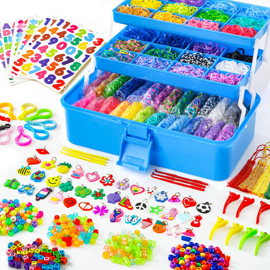 17500+ Rubber Loom Bands with 3 Layer Deep Blue Container, 28 Colors, 600 S-Clips, 352 Beads, 40 Cartoon Pendant, Bracelet Making Refill Kit for Kids