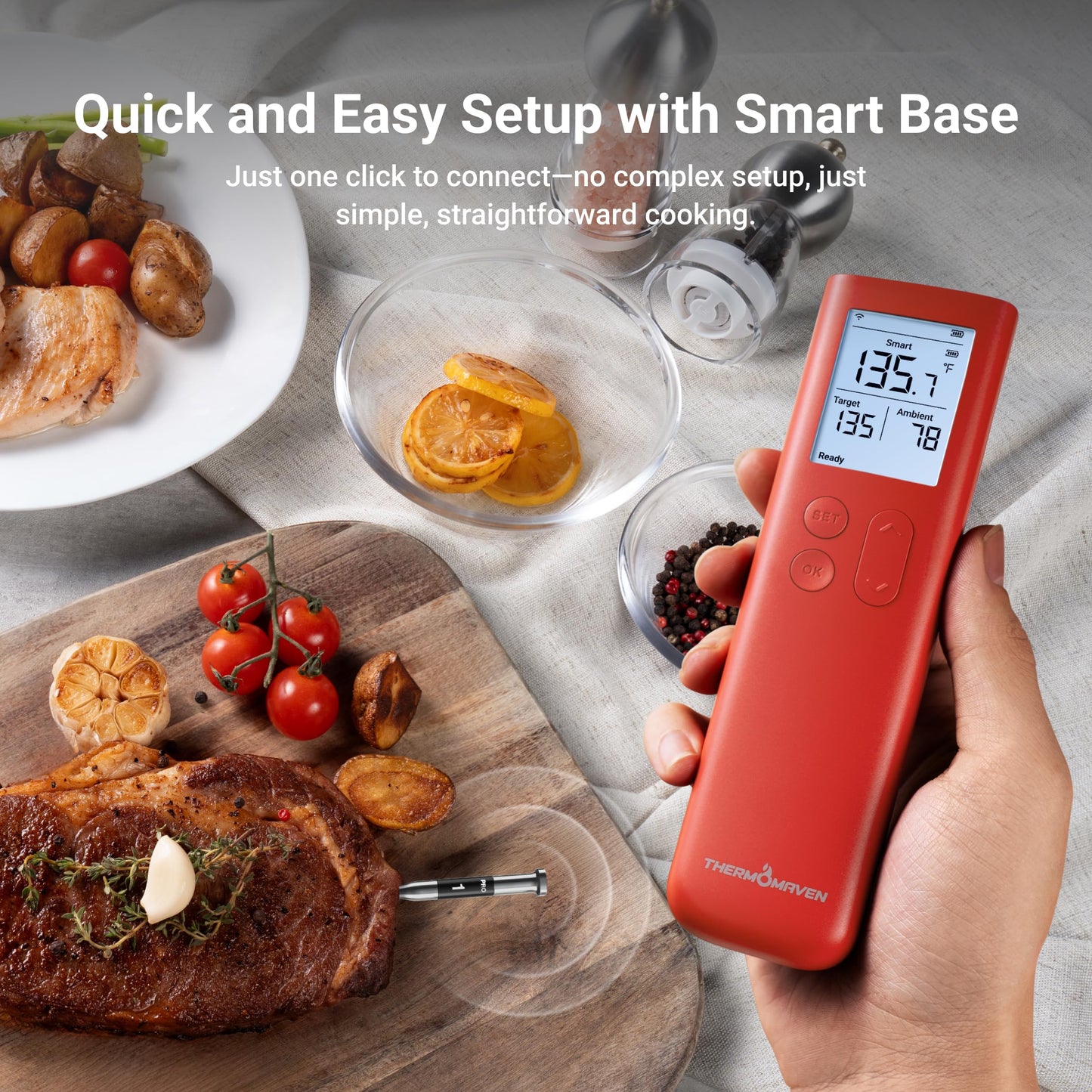 ThermoMaven Wireless Meat Thermometer, 10X Enhanced Signal and Stability with Sub-1G, Standalone Base with Display & Control, Certified Accuracy ±0.5°F, WiFi Unlimited Range for BBQ, Oven,Smoker,Grill
