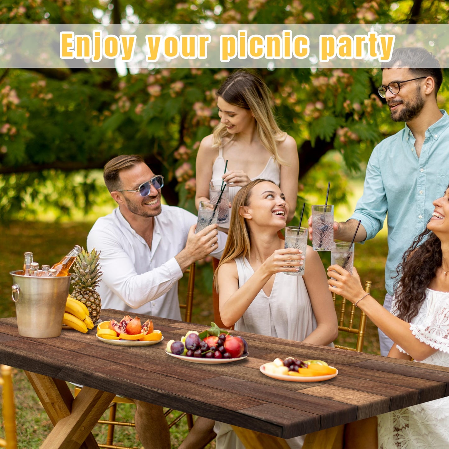 Kamoor Picnic Table Cover with Bench Covers Waterproof Camping Essentials Wooden Brown Elastic Outdoor Fitted Tablecloth Reusable Rectangle Table Cloth for RV Party Travel