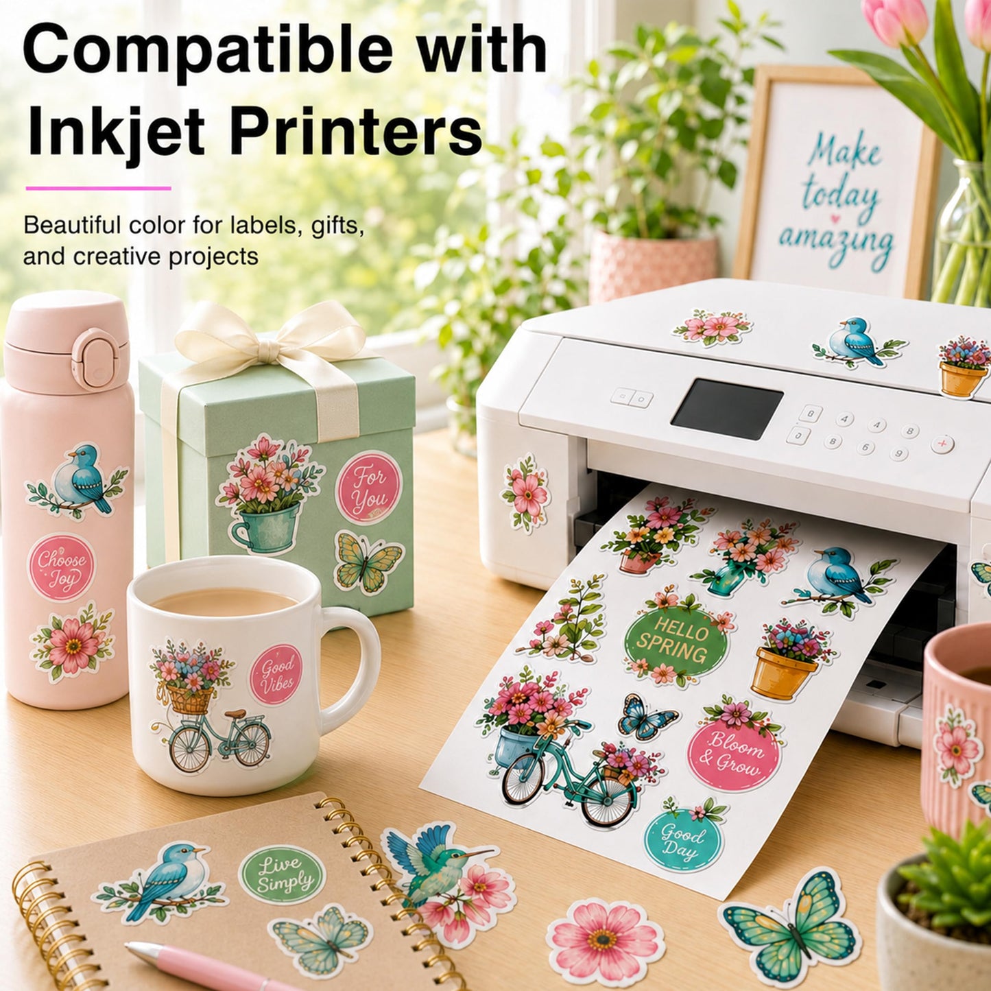 Printable Vinyl Sticker Paper for Inkjet Printer-60 Sheets Glossy White 8.5" x 11" Waterproof Labels Paper, Dries Quickly, Vivid Colors, Tear Resistant, DIY Christmas Stickers