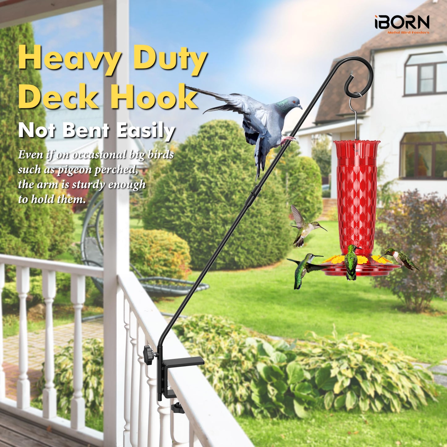 iBorn Deck Hook for Bird Feeder, Hummingbird Feeder Hanger for Deck Railing, Heavy Duty Deck Hanger for Outdoors Hanging, 360° Rotatable Arm, Solid Wire, 28 Inch, Pack of 1