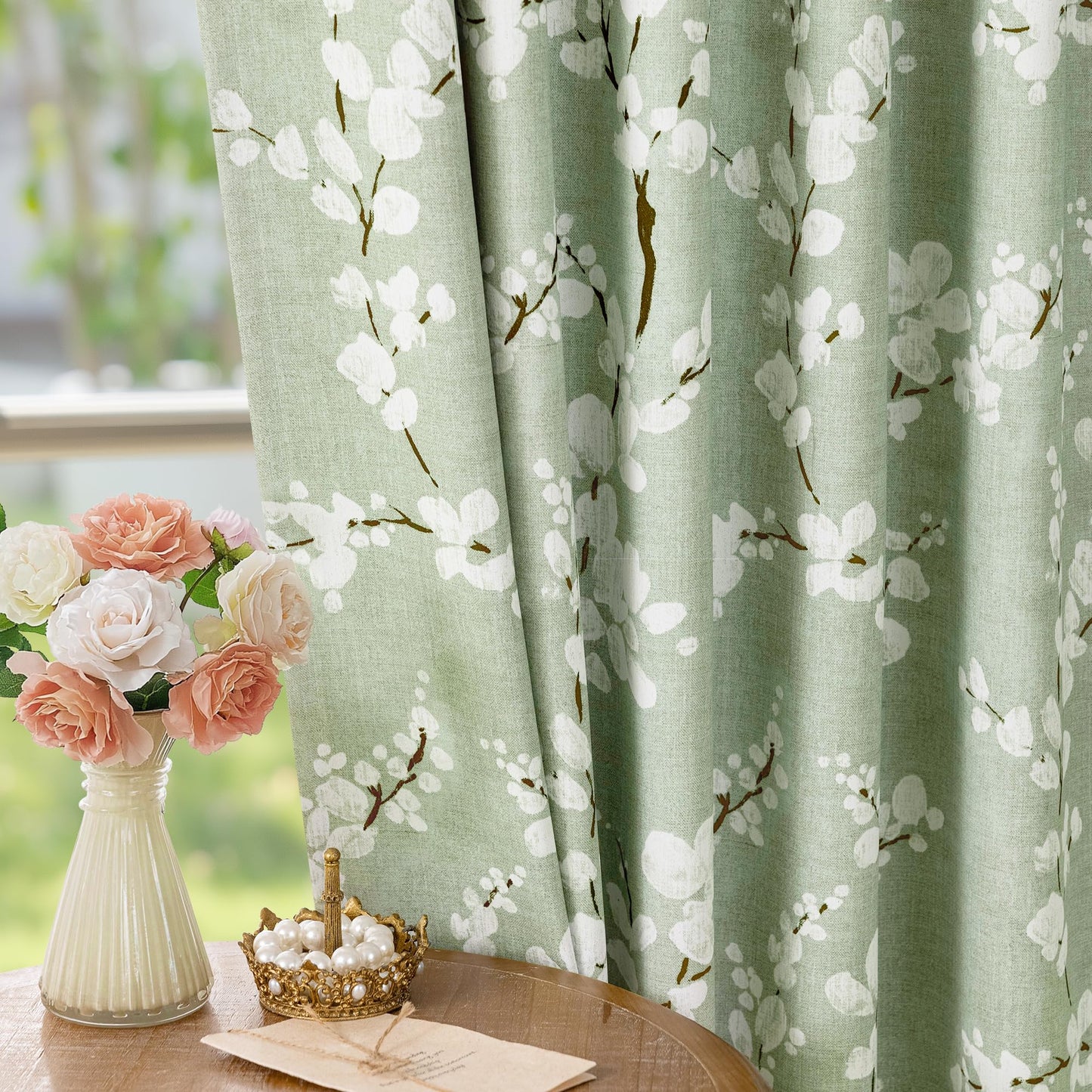 FMFUNCTEX 100% Blackout Curtains 84 Inch Long for Living Room Green and White Floral Blossom Print Curtains Farmhouse Thermal Insulated Drapes for Bedroom Grommet Window Curtains 2 Panels Sage Green
