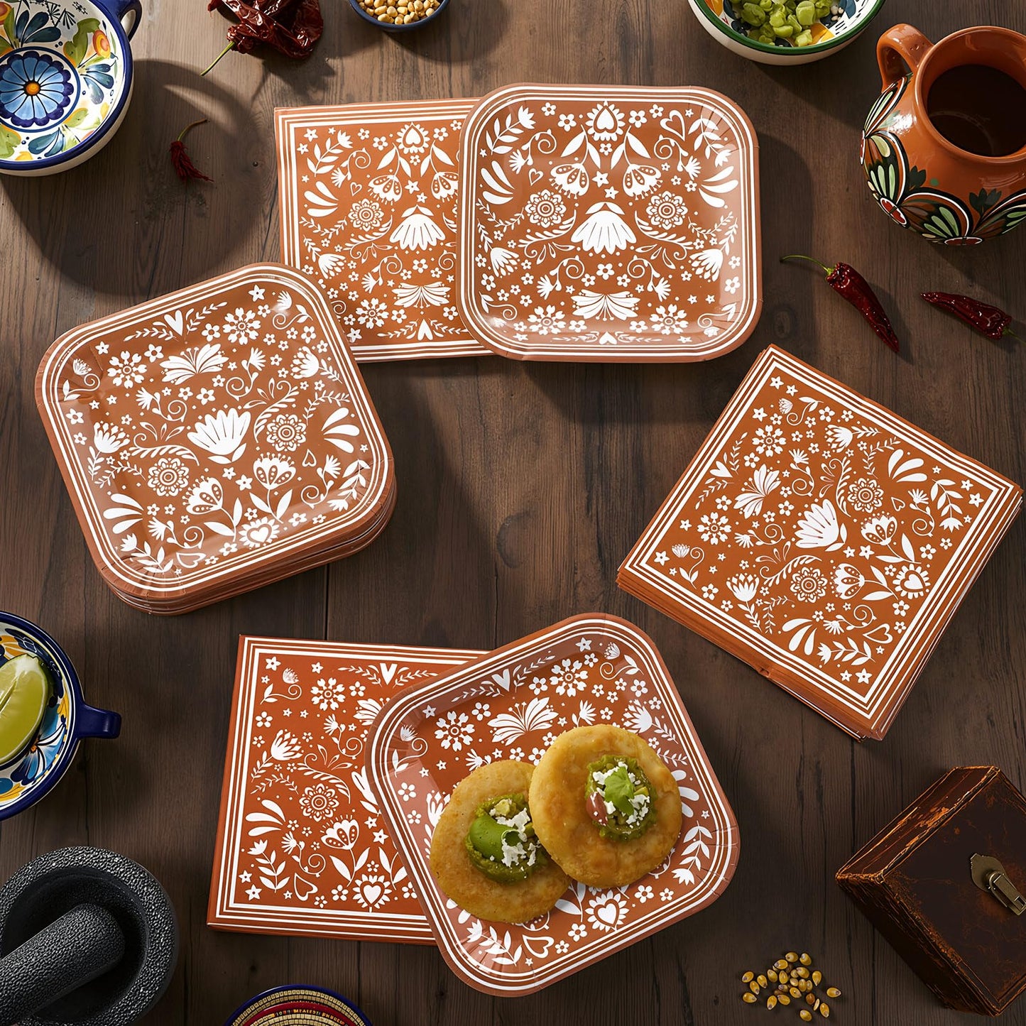 Zhehao 72 Pcs Cielito Lindo Plates and Napkin Set Serve 36 Platos De Barro Mexicanos for Mexican Cielito Lindo Party Supplies 7" Fiesta Terracotta Clay Pottery Disposable Decoration