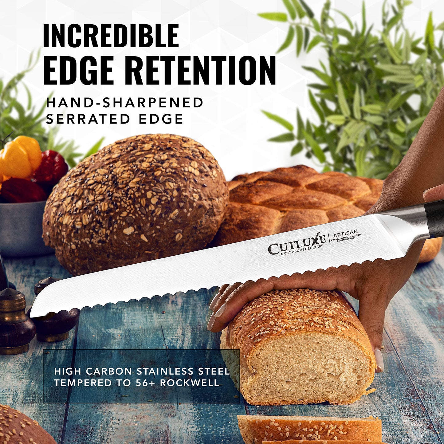 Cutluxe Bread Knife, 10" Serrated Knife, Perfect for Homemade, Sourdough Bread – High Carbon German Steel, Full Tang, Ergonomic Handle Design – Artisan Series