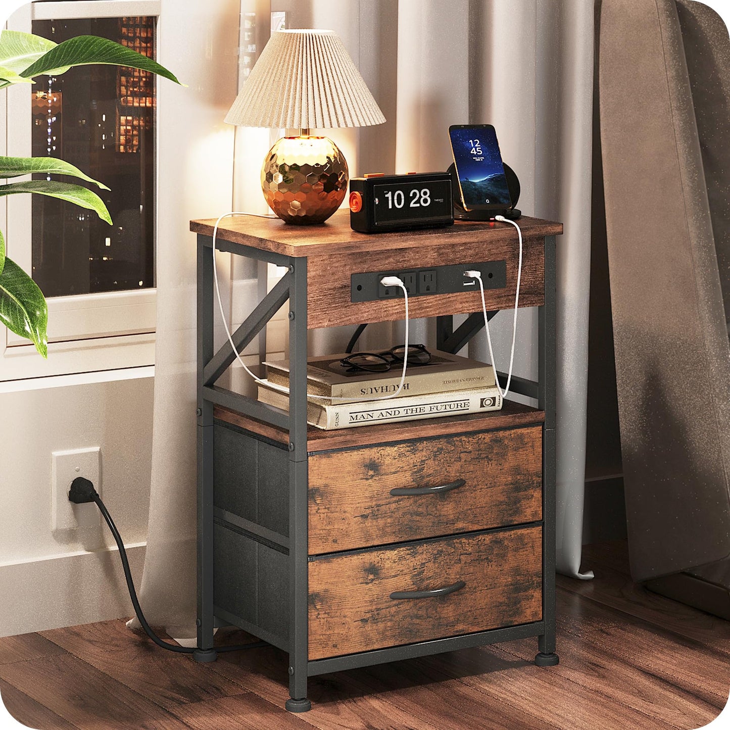 Flrrtenv Night Stands, Bedside Table with Charging Station- End Table with 2 Fabric Drawers, Side Table Bedroom Sofa Small Space Storage with 2 Drawers, USB Ports & Power Outlets, SLC201, Rustic Brown