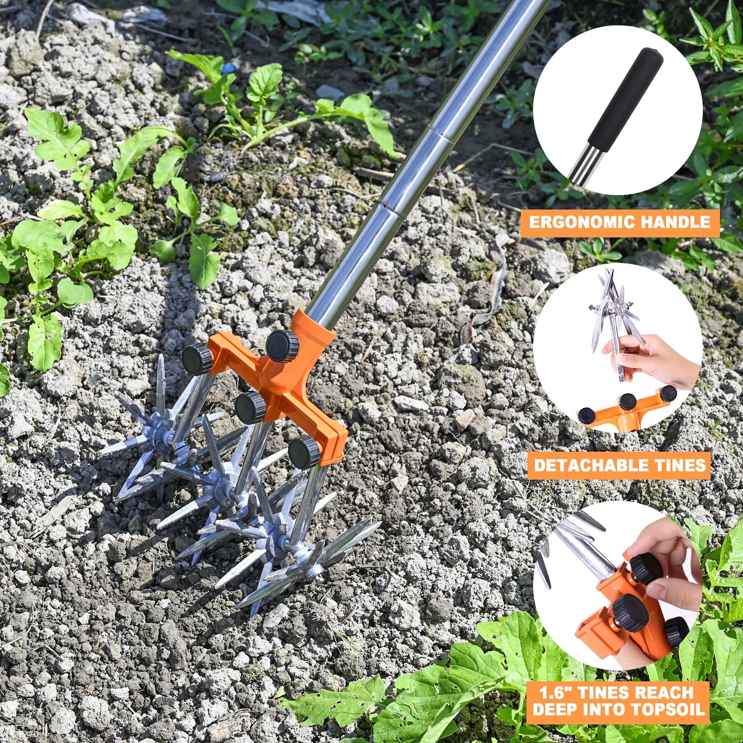 BARAYSTUS Rotary Cultivator Garden Rotary Tiller Adjustable Stainless Steel Poles Hand Tiller for Soil Mixing or Reseeding Grass Lawn Cultivator Total Length 57 Inch.